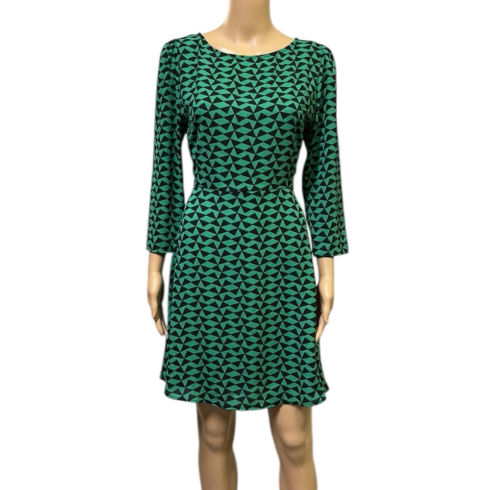 Anthropologie Everly Green Black Geometric Print 3 Quarter Sleeve Dress Womens L